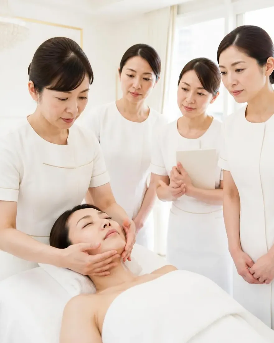 施術ベッドを囲み、講師からフェイシャルの手技を学ぶエステティシャンたち