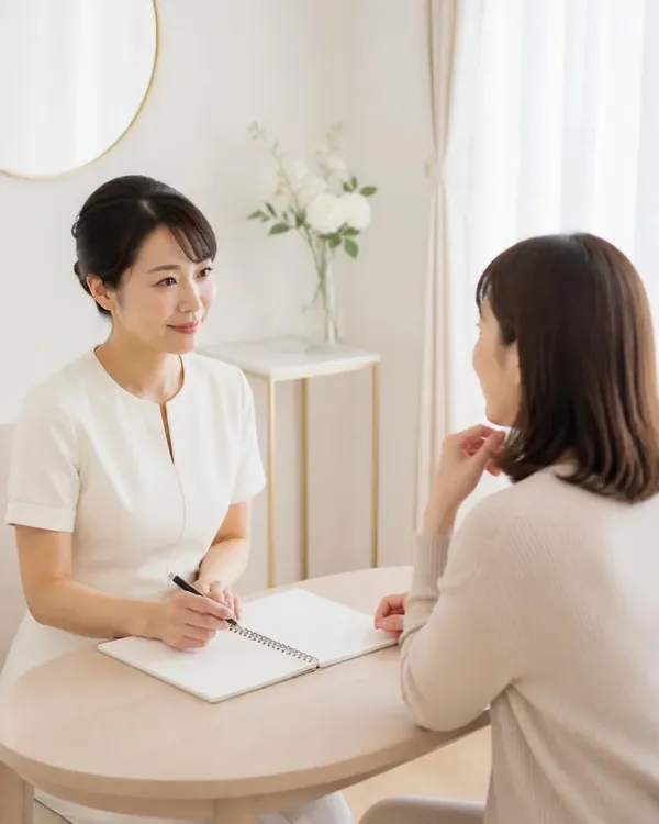 丸いテーブルで、メモを取りながら相談に応じるサロンスタッフ