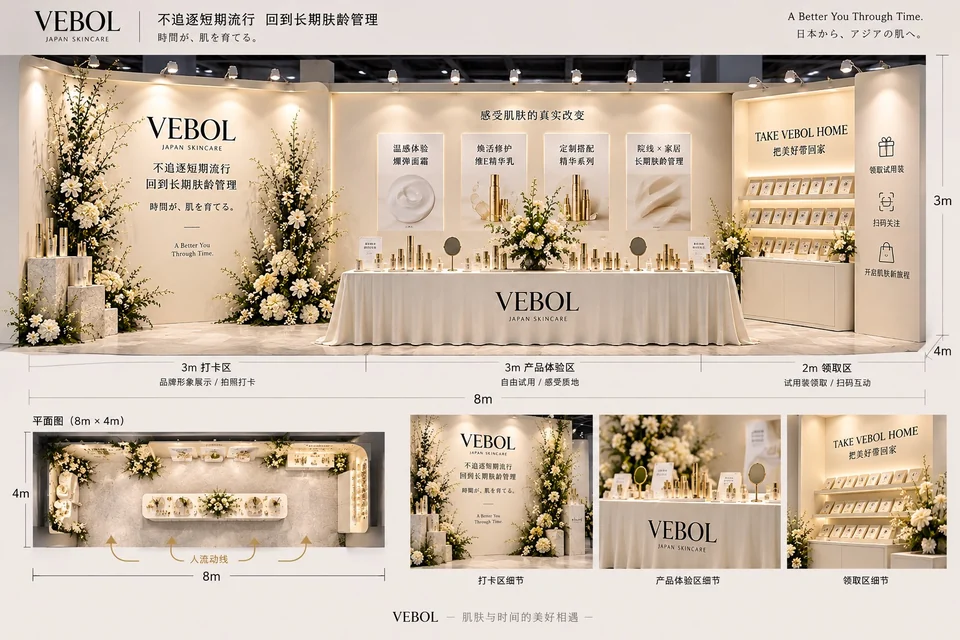 VEBOLブースの全体イメージ図（打卡区・产品体验区・领取区、8m×4m）