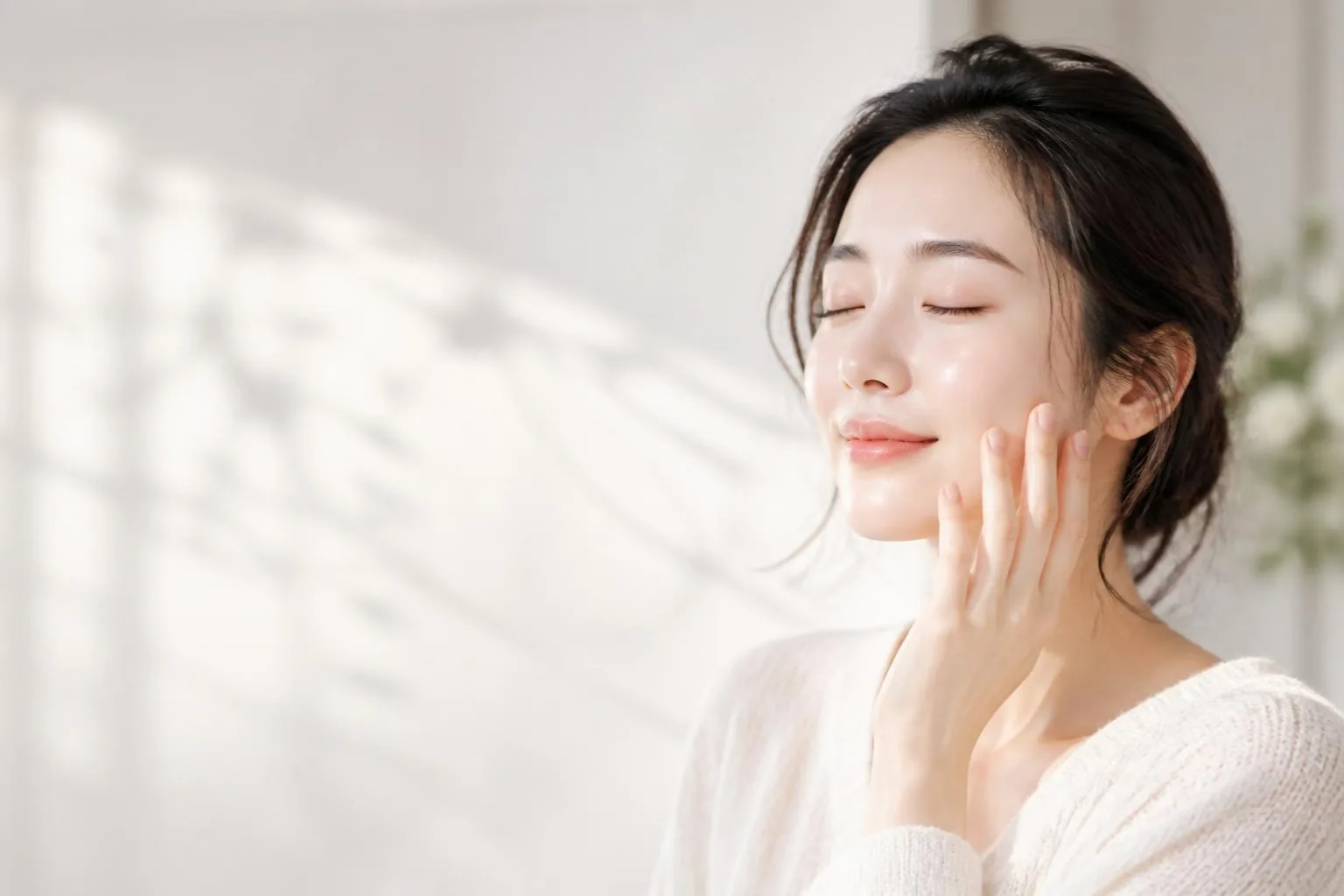 やわらかな光の中で、素肌にそっと触れる女性