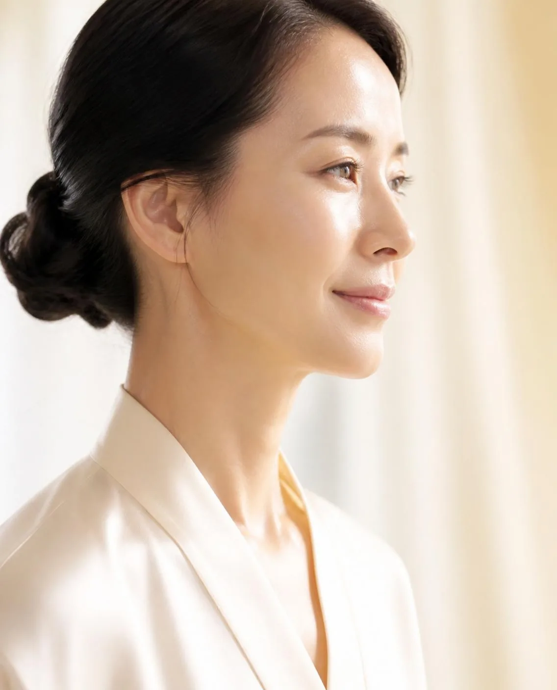 自然なつやのある肌で穏やかにほほえむ女性の横顔