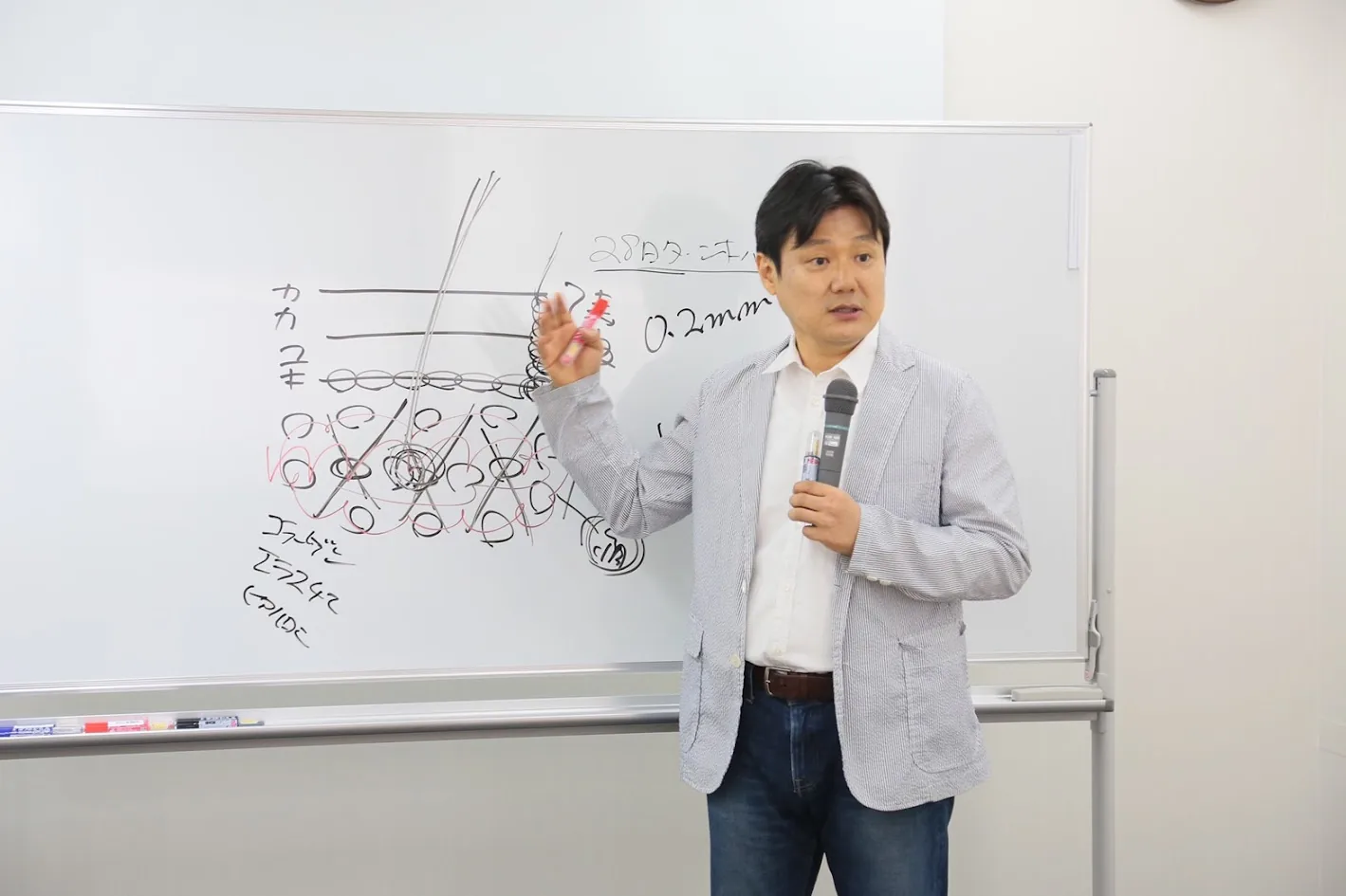 肌の構造をホワイトボードに描いて解説する肌理論の講義
